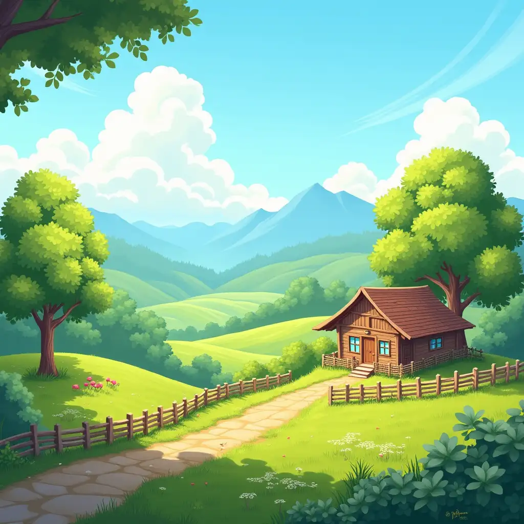 A tranquil countryside scene featuring a serene atmosphere. The foreground showcases a quaint, cozy house with a wooden exterior and a shingled roof, surrounded by a rustic wooden fence. The setting is lush with vibrant green fields and a variety of trees with full foliage. In the background, rolling hills or mountains are slightly shrouded in haze, adding depth to the scene. The sky is a bright, clear blue with a few fluffy white clouds. The overall atmosphere is warm, sunny, and peaceful, inviting a sense of relaxation and tranquility. Highly detailed, vibrant, and immersive.