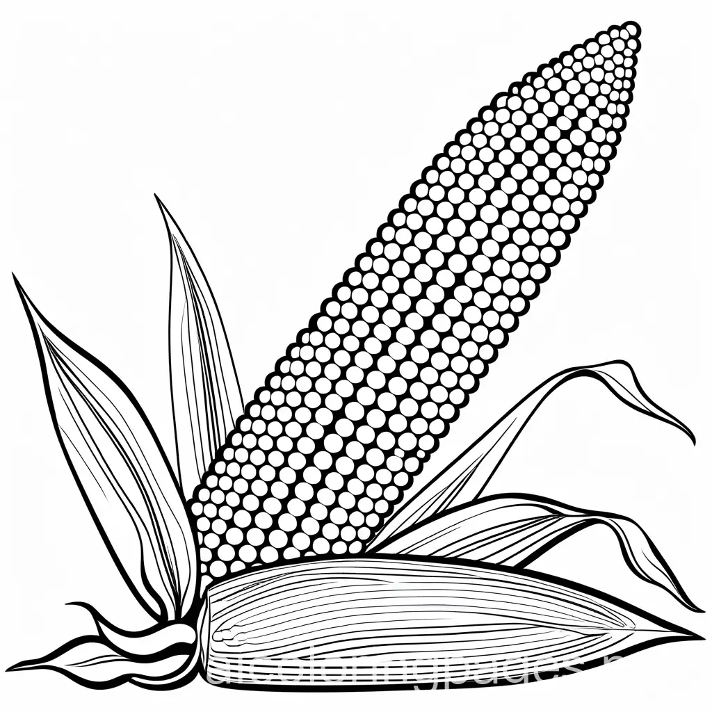 corn, Coloring Page, black and white, line art, white background, Simplicity, Ample White Space. The background of the coloring page is plain white to make it easy for young children to color within the lines. The outlines of all the subjects are easy to distinguish, making it simple for kids to color without too much difficulty