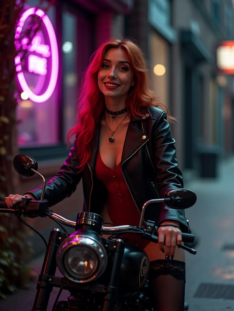 Close to a beautiful young woman with long wavy crimson hair, cheerful, playful face, in red gothic bodysuit, black leather flight jacket, black lace stockings, stretching, sexy posing on black vintage 'Harley Davidson', excellent figure, slightly plump elastic legs, excellent hands, jewellery, night, cozy cyberpunk street, a music store window with a bright purple neon sign, brick walls covered with ivy, naked trees with red branches, wet pavement, moonlight