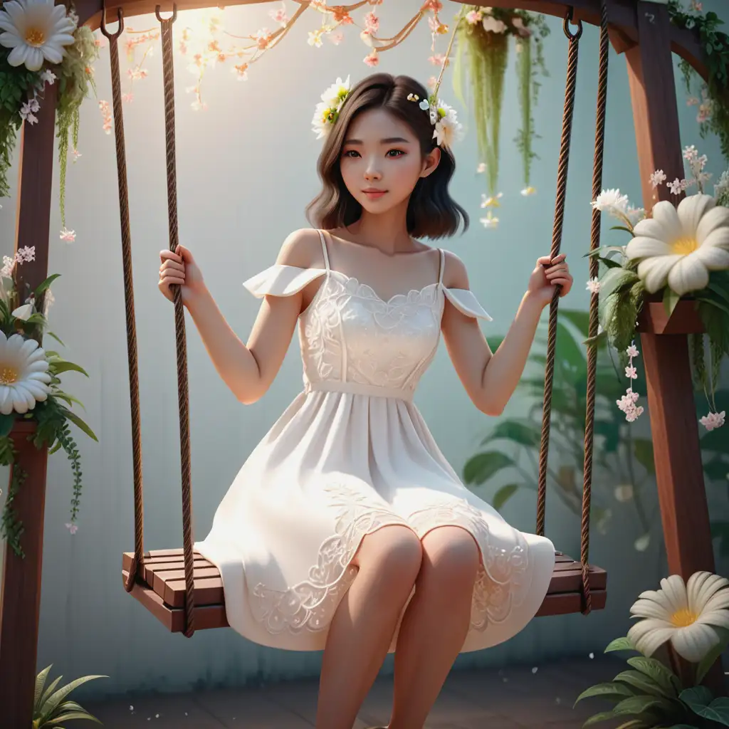 Taiwanese-Girl-in-White-Dress-Sitting-on-Floral-Swing