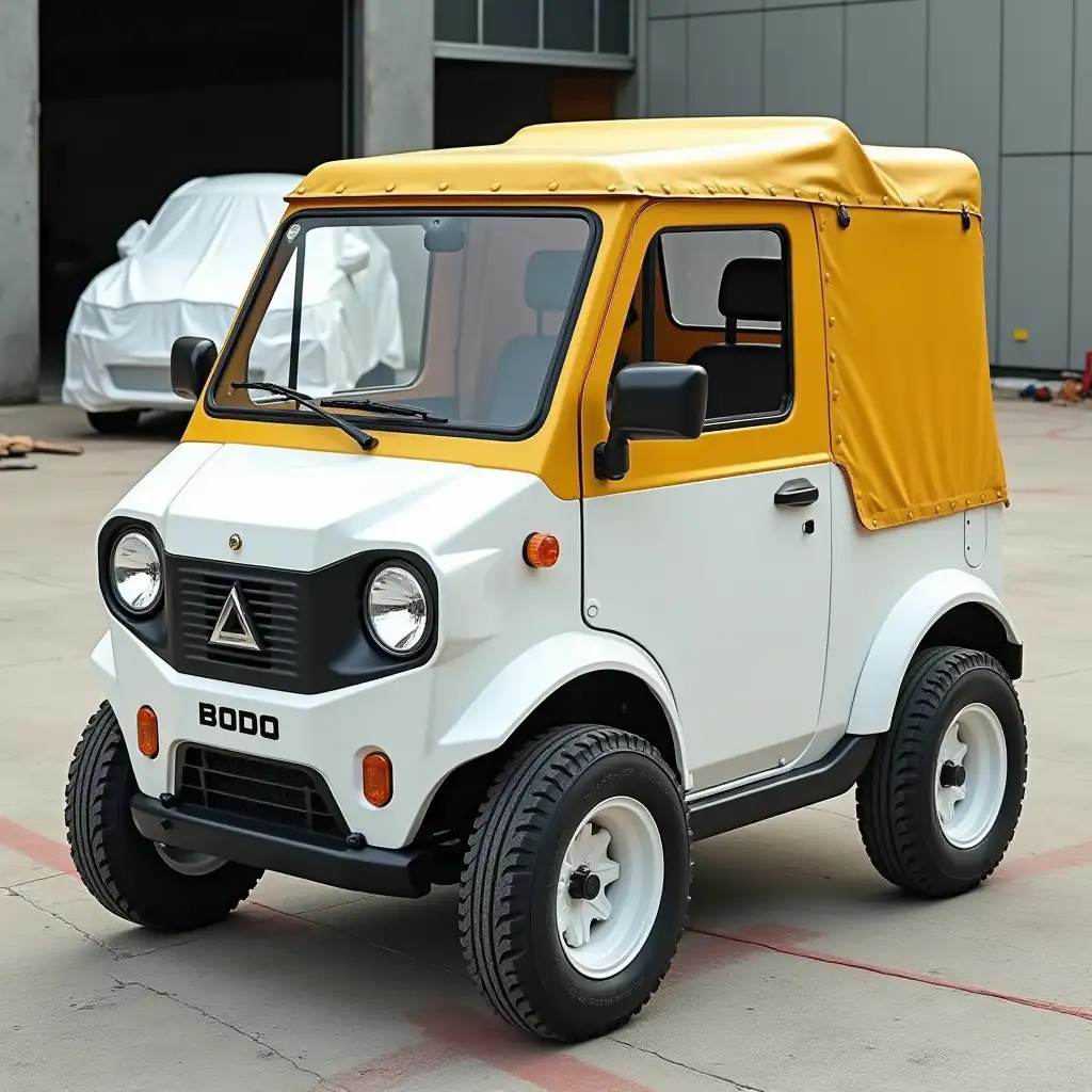 The image is a high-resolution photograph of a small, compact utility vehicle designed for urban use. The vehicle, primarily white and yellow, features a boxy, rugged exterior with a prominent front grille bearing the brand name 'BODO.' The front of the vehicle has a large, rectangular windshield, and the sides are adorned with small windows. The vehicle's roof is yellow, contrasting with the white body, and it has a small, transparent sunroof. The vehicle has four large, black tires with white rims, and the rear features a small, open cargo area covered with a yellow tarp. The vehicle is parked on a concrete surface, which appears to be an outdoor setting, possibly a car park or a construction site. In the background, there is a white car partially visible, covered with a white tarp, suggesting it is undergoing maintenance or repair. The ground is slightly textured, with some scattered debris and a faint red line running across it. The overall atmosphere of the image is practical and utilitarian, emphasizing the vehicle's functionality and durability. The image is well-lit, indicating it was taken during the day.