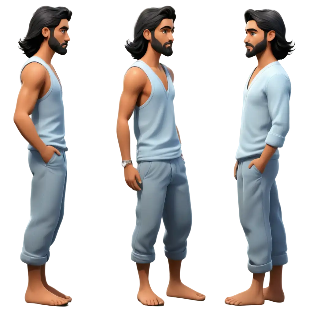 Minimalistic-PNG-of-a-Man-in-Light-Blue-Shirt-and-Gray-Dhoti-with-Clean-Lines-in-Multiple-Views