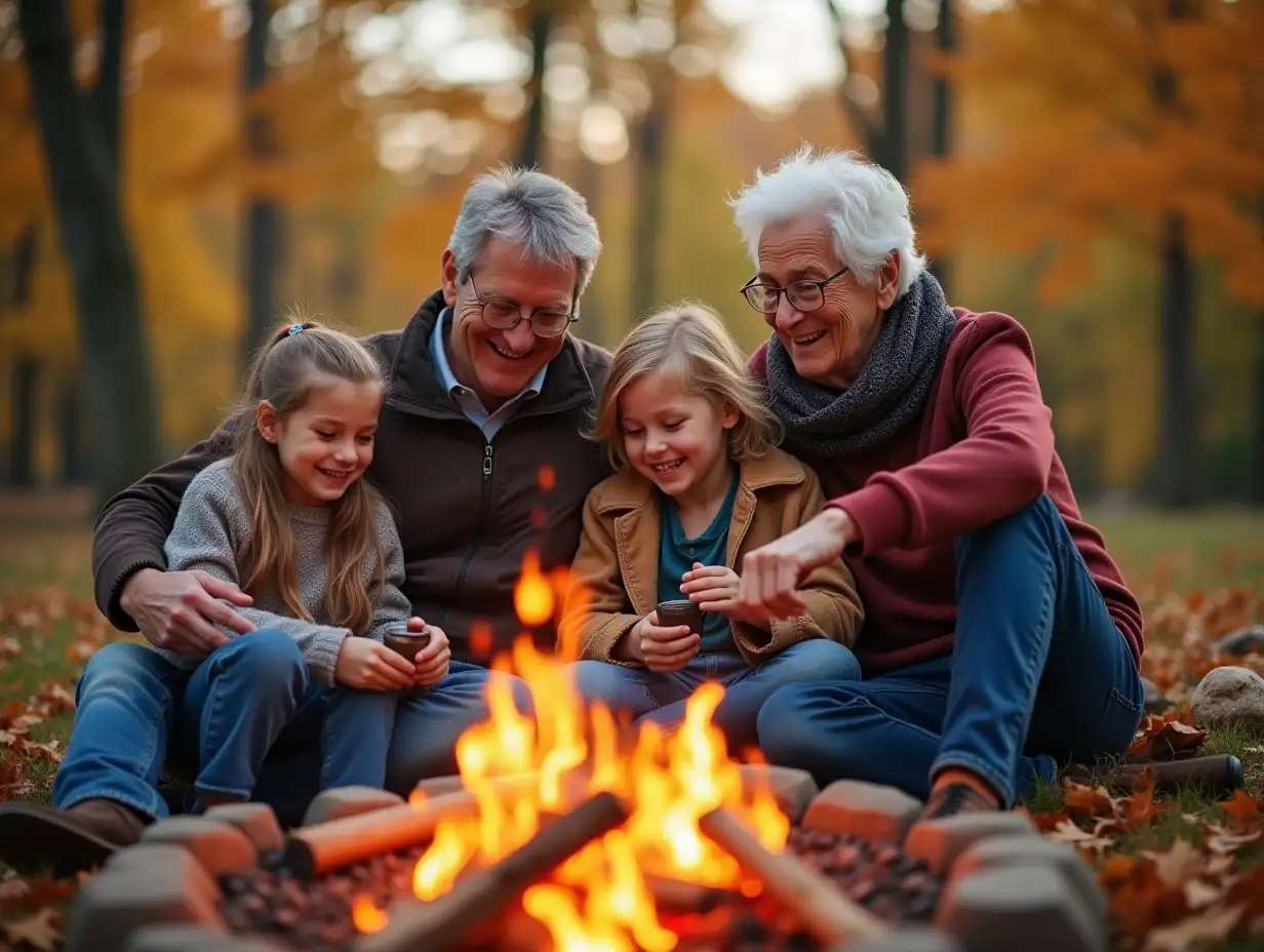 Intergenerational-Bonding-Grandparents-and-Grandchildren-Delight-in-Autumn-Backyard-Campfire