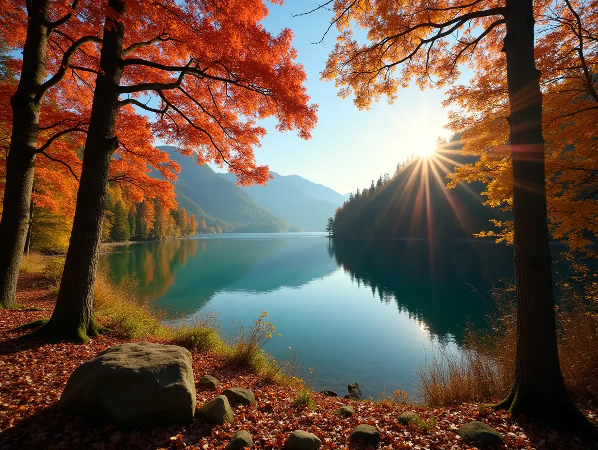 Autumn-Sunrise-Scene-with-Trees-near-Turquoise-Water