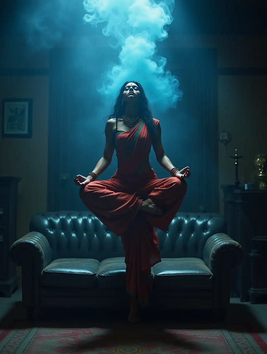 An Indian female bodybuilder in a vibrant tribal saree levitates in a zen pose over a worn couch, surrounded by a shadowy, rustic room. A beetroot hookah emits swirling blue smoke, casting ethereal light. The scene blends film noir, b-horror, and dark fantasy, reminiscent of Alex Grey's surreal artistry.