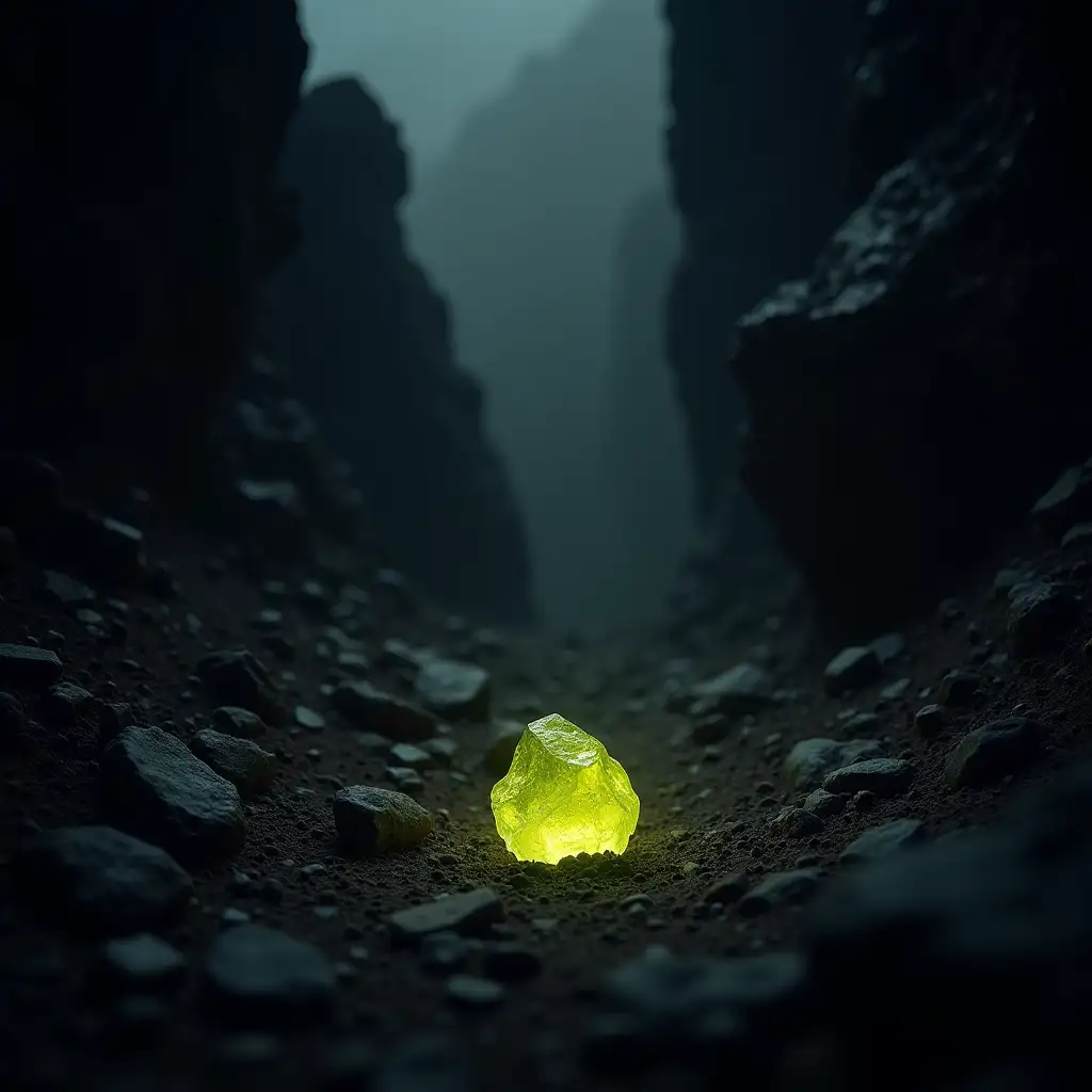 In the heart of the mountain, a dark environment with sharp rocks and cliffs, a bright yellow-green stone shines amidst the soil and rocks.