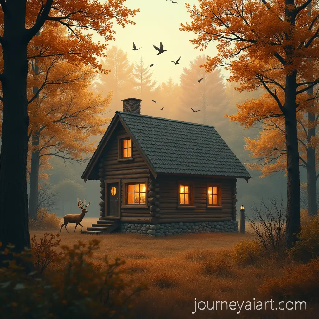 Wooden-House-in-Autumn-Forest-with-DeerWooden-House-in-Forest-and-Birds