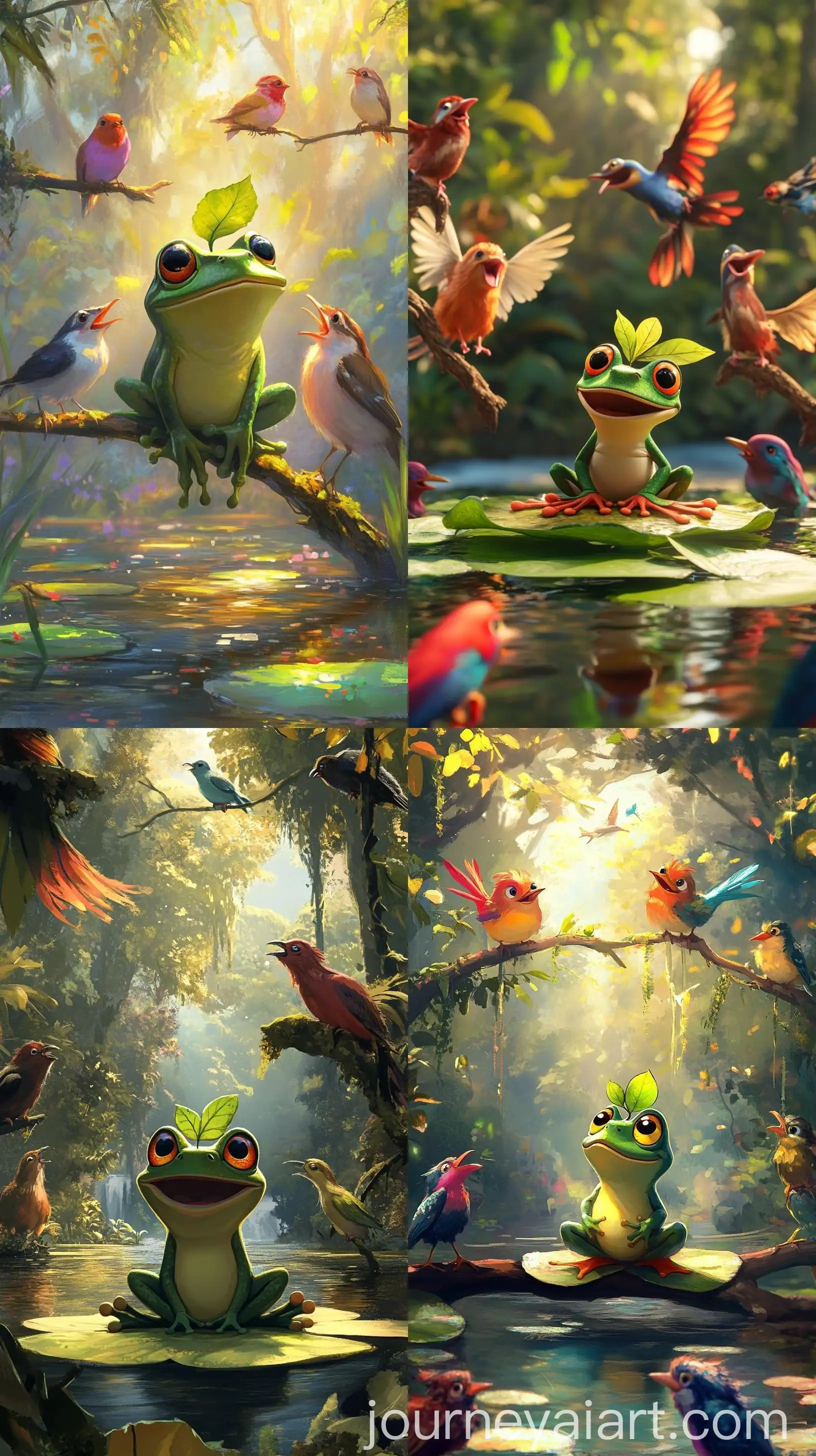 Dreaming-Frog-in-Enchanted-Forest-with-Colorful-Birds-and-Ramn