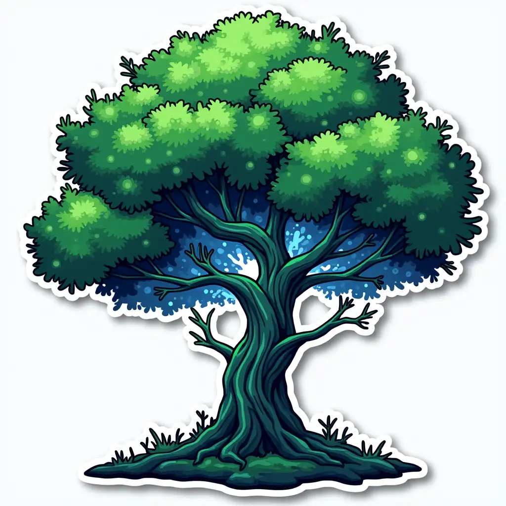 A tree with circuit-like branches, glowing leaves, futuristic design, vibrant green and blue hues, sticker-friendly aesthetic sticker cartoon type