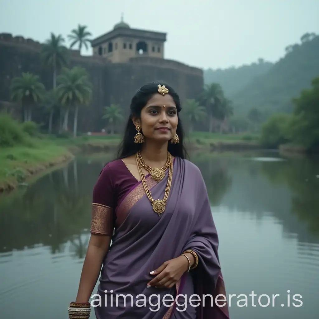 Royal-King-and-South-Indian-Woman-in-Dark-Lavender-Saree-by-River-with-Ancient-Fort-in-Background