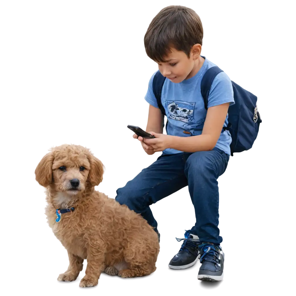 Cute-PNG-Image-of-Small-Boy-Using-Mobile-Phone-with-His-Dog-Perfect-for-Various-Design-Needs