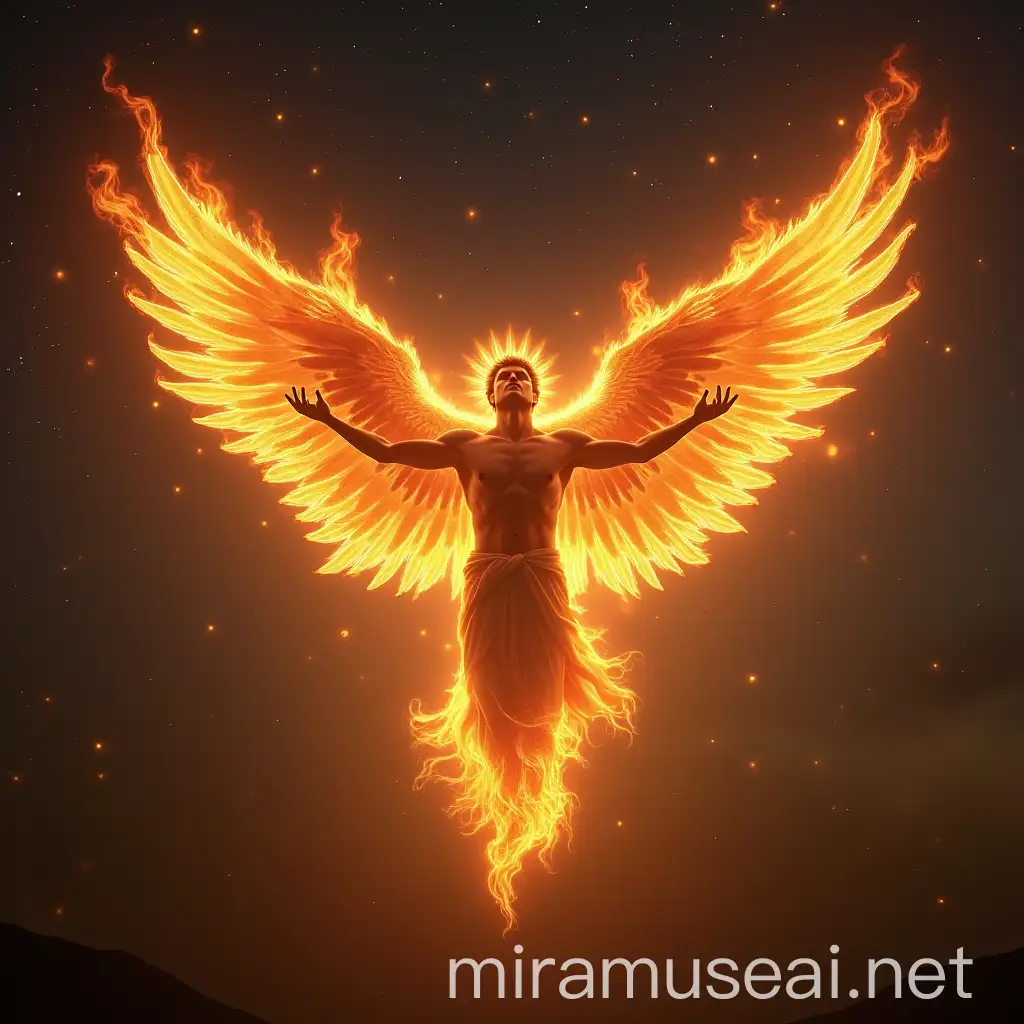 Fiery Winged Seraphim Soaring in Night Sky