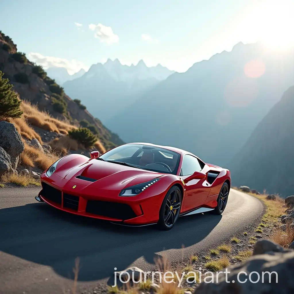 Ferrari-Racing-Down-a-Mountain-Road-in-Scenic-Landscape