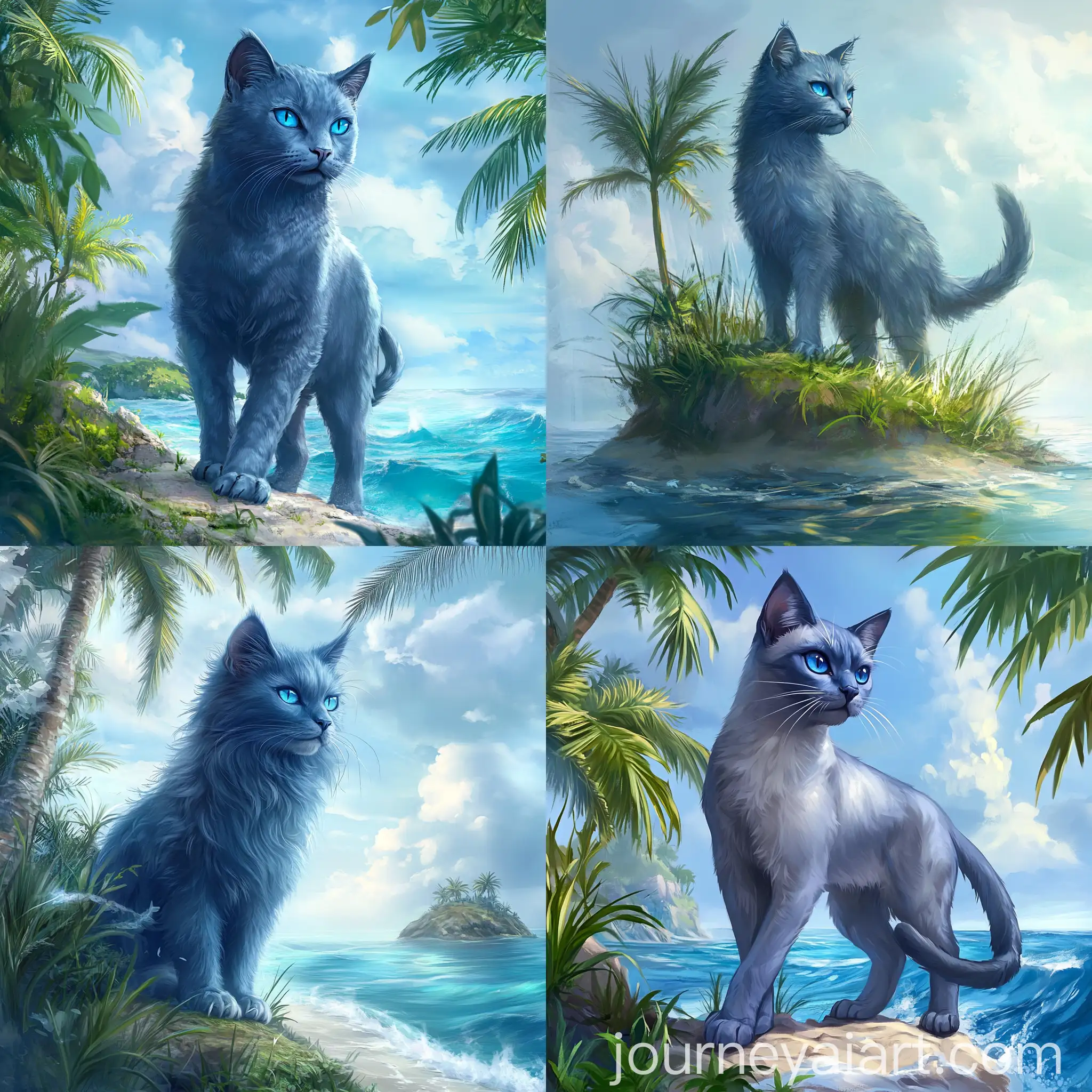 Blue-Cat-Standing-Proudly-on-Lush-Island-with-Palm-Trees