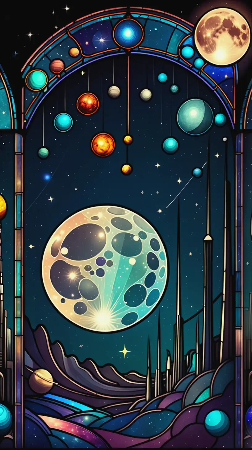 Night Scene with Bright Full Moon and Stained Glass Solar System in Retro Animated Style