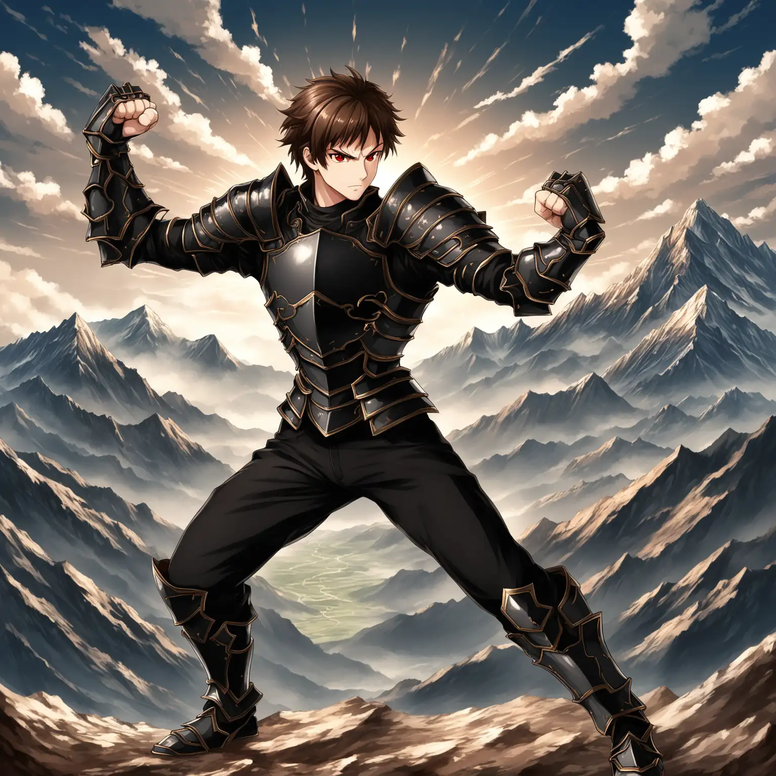 Anime Warrior in Dynamic Pose with Fist Weapons and Mountain Range Background