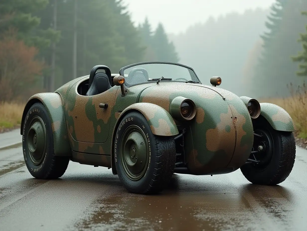 A supermodern utopian sport omnibus cabriolet with lowered body, Predator Aluminum wheels, wide tires, brown and dark green camouflage pattern, Science-Fiction