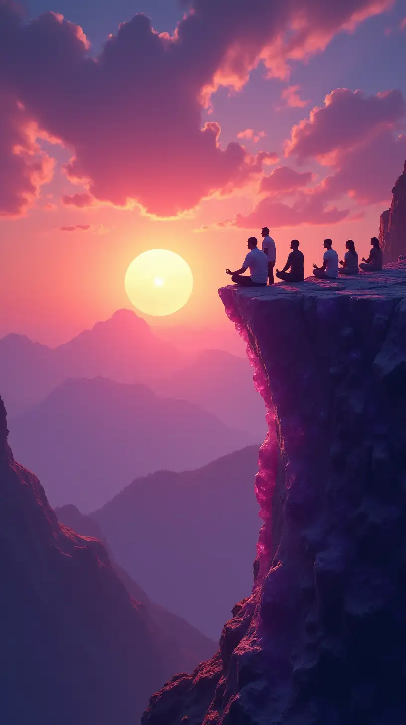 A group of people in a guided meditation. The scene is on top of a cliff made of amethyst next to the edge of the universe at sunset. Both the sun and moon are visible in a colorful sky