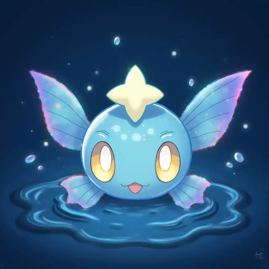 Lumifin is a small, fish-like Pokémon with delicate, iridescent fins that shimmer in a rainbow of colors. Its body is sleek and covered in scales that glisten like sunlight on water. Lumifin has large, expressive eyes that resemble the serene surface of a pond, and it has a small, star-shaped crest on its head that glows faintly in the dark.