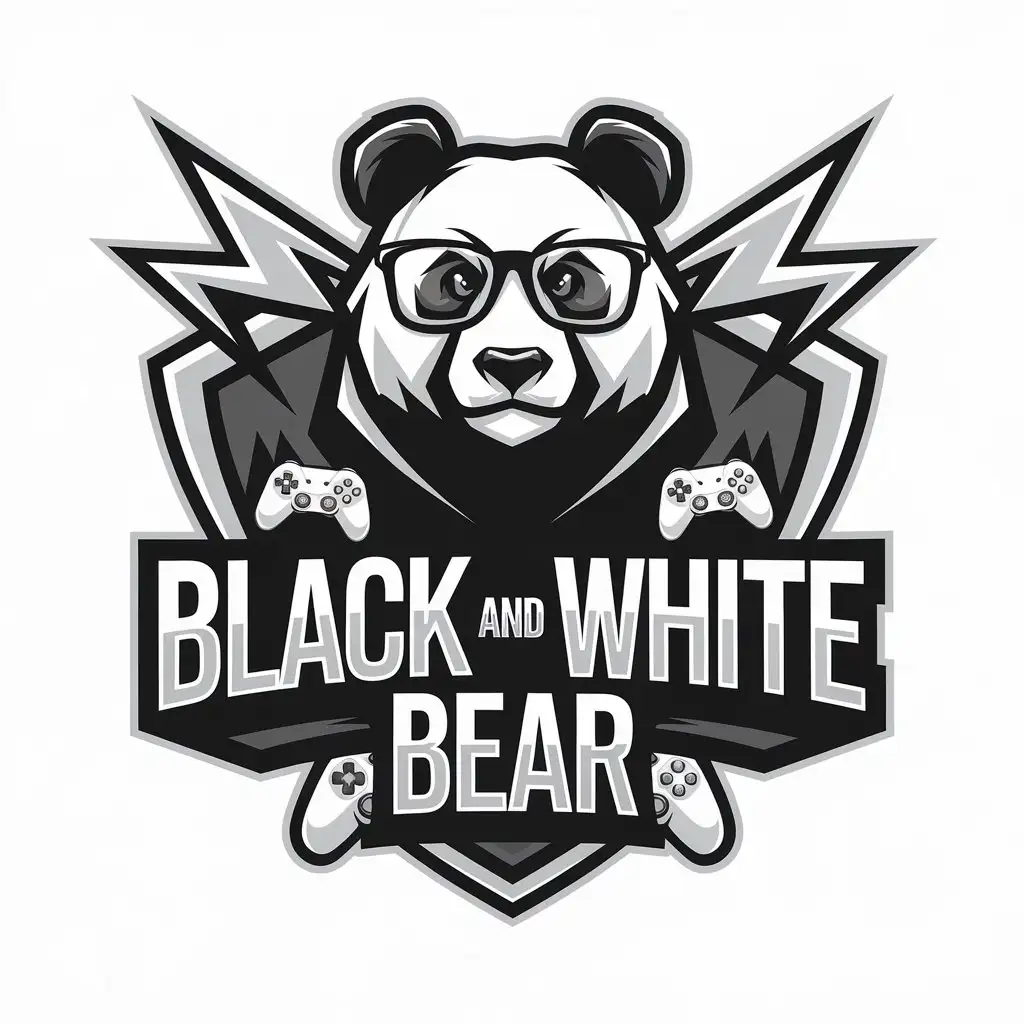 LOGO Design for Black and White BEAR Panda with Glasses Game Themes Lightning Symbolism