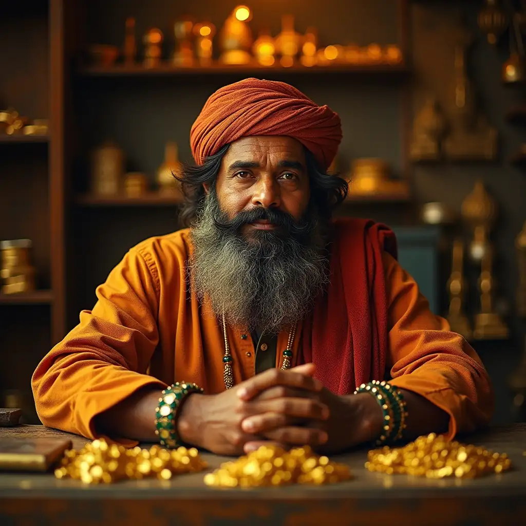 Photo of a marwari rich fat shopkeeper who sit in a gold shop