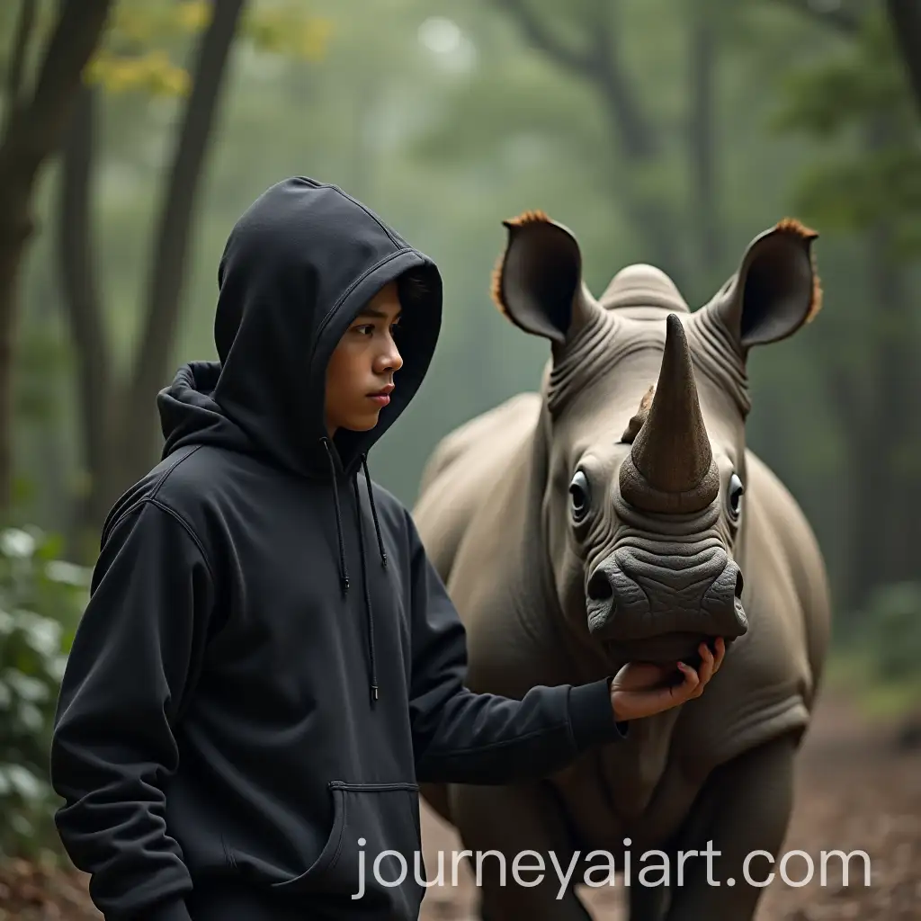 Young-Asian-Man-Herding-Horned-Rhinoceros-in-Forest