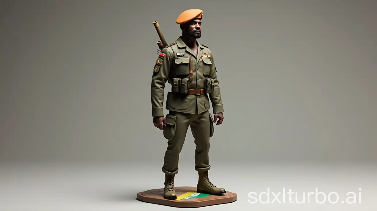 Figurine in the image of Ibrahim Traoré, Silicone body and plastic limbs. Super flexible with multiple articulation points. Several interchangeable hands, A head sculpted with precise details of his face, Removible flat heel feet, Boxer briefs in fabric. Voluminous design with good muscular definition, Military uniform with insignia and decorations, Béret or military helmet, Traditional Faso Dan Fani clothing, Military combat uniform, Details: base with Burkina Faso flag, military accessories