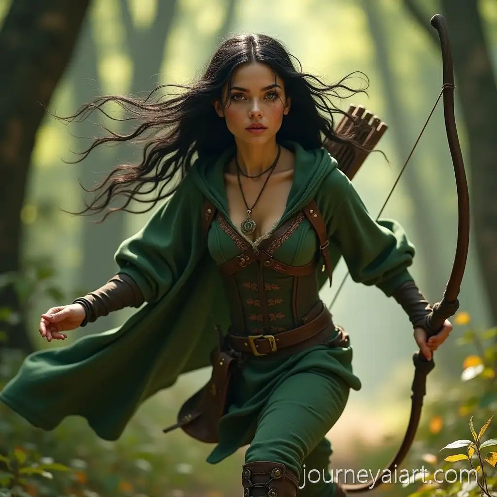 Elven-ranger-sprinting-forestElven-Ranger-Sprinting-Through-Sunlit-Enchanted-Forest-with-Curved-Bow