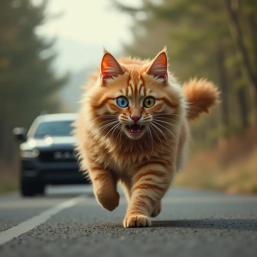 A fluffy ginger cat, running in terror along the road, one eye blue, the other yellow, being chased by a black RAM TRX car