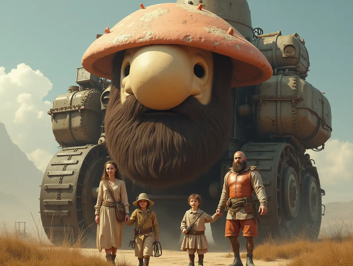 Ki fantasy Family,Woman,Man,and Children giant Mushroom face with Beard and with Metal Tank equipment