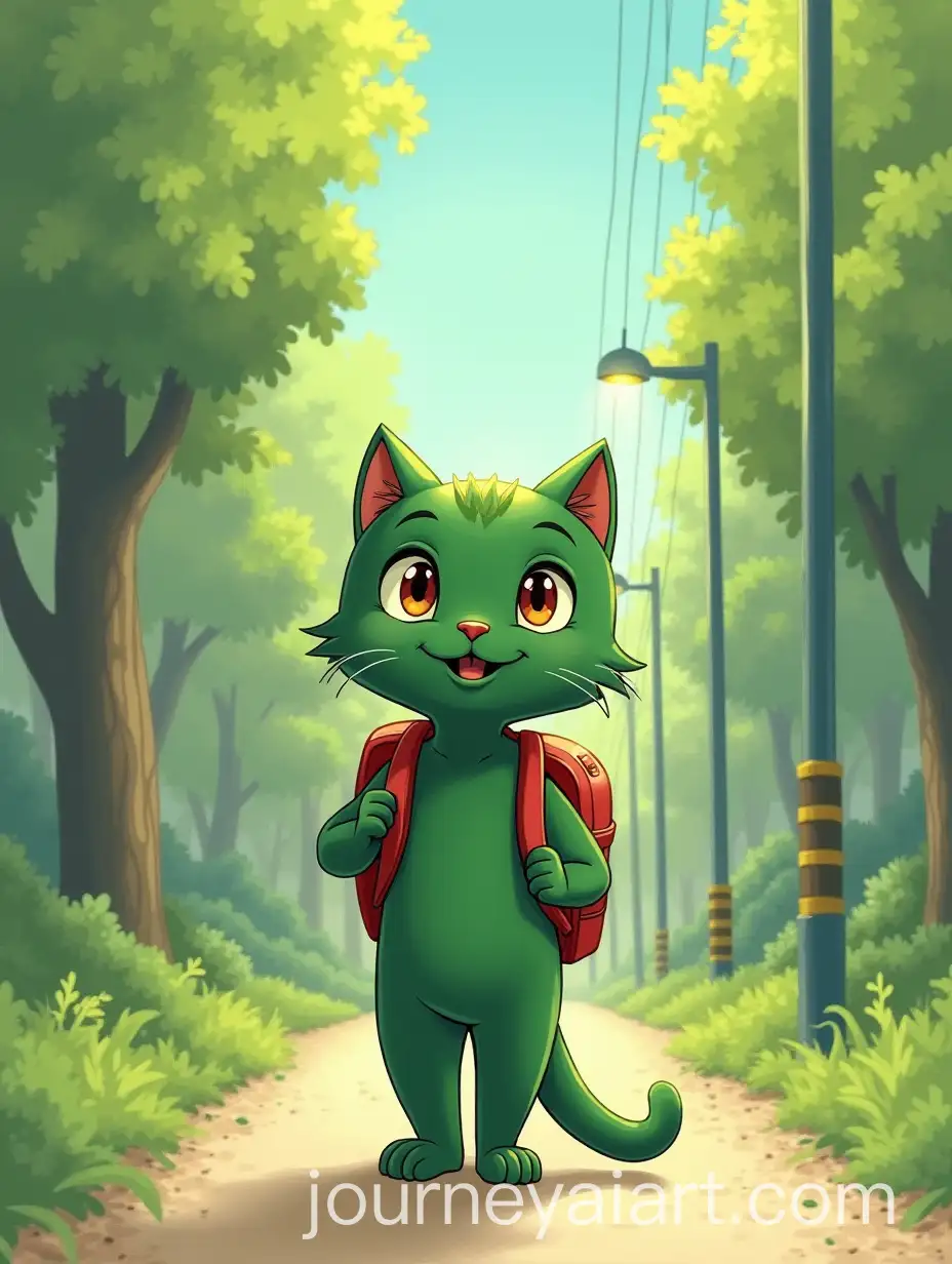 Green-Cat-Walking-to-School-in-a-Colorful-Landscape