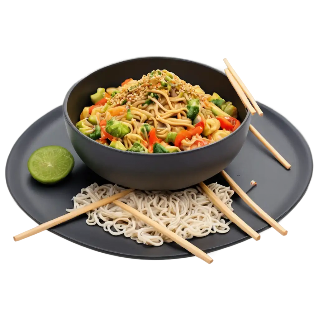 Delicious-Noodles-with-Fresh-Veggies-Design-on-Round-Black-Plate-PNG-Image