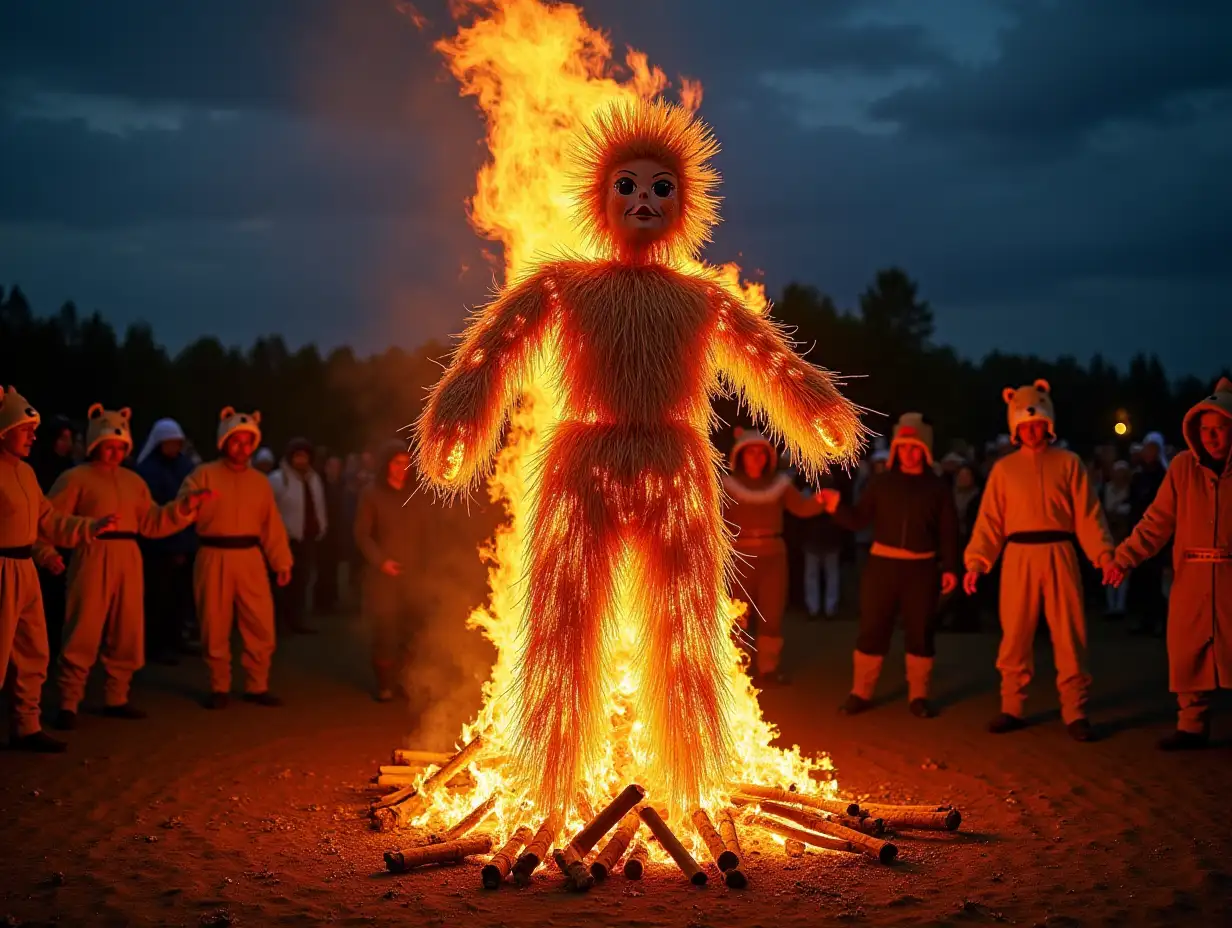 Straw doll Kostroma in full size is burning on the bonfire, around a round dance of men and women in animal costumes