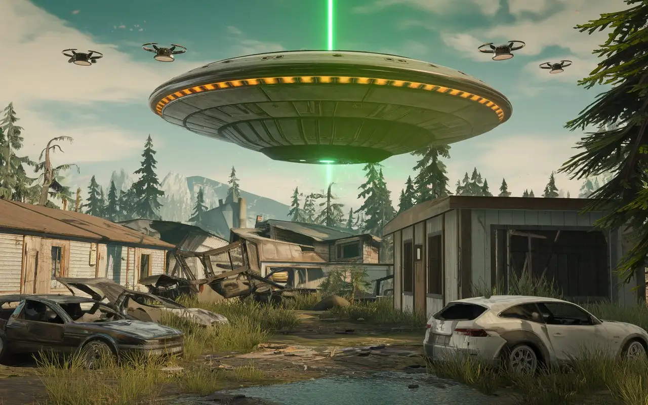 Alien-Invasion-Over-Village-with-UFO-and-Drones-in-StalkerInspired-Setting