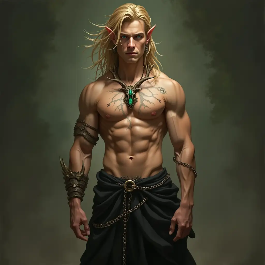 Muscular Fantasy Male Elf Slave with Emerald Eyes and Stag Necklace