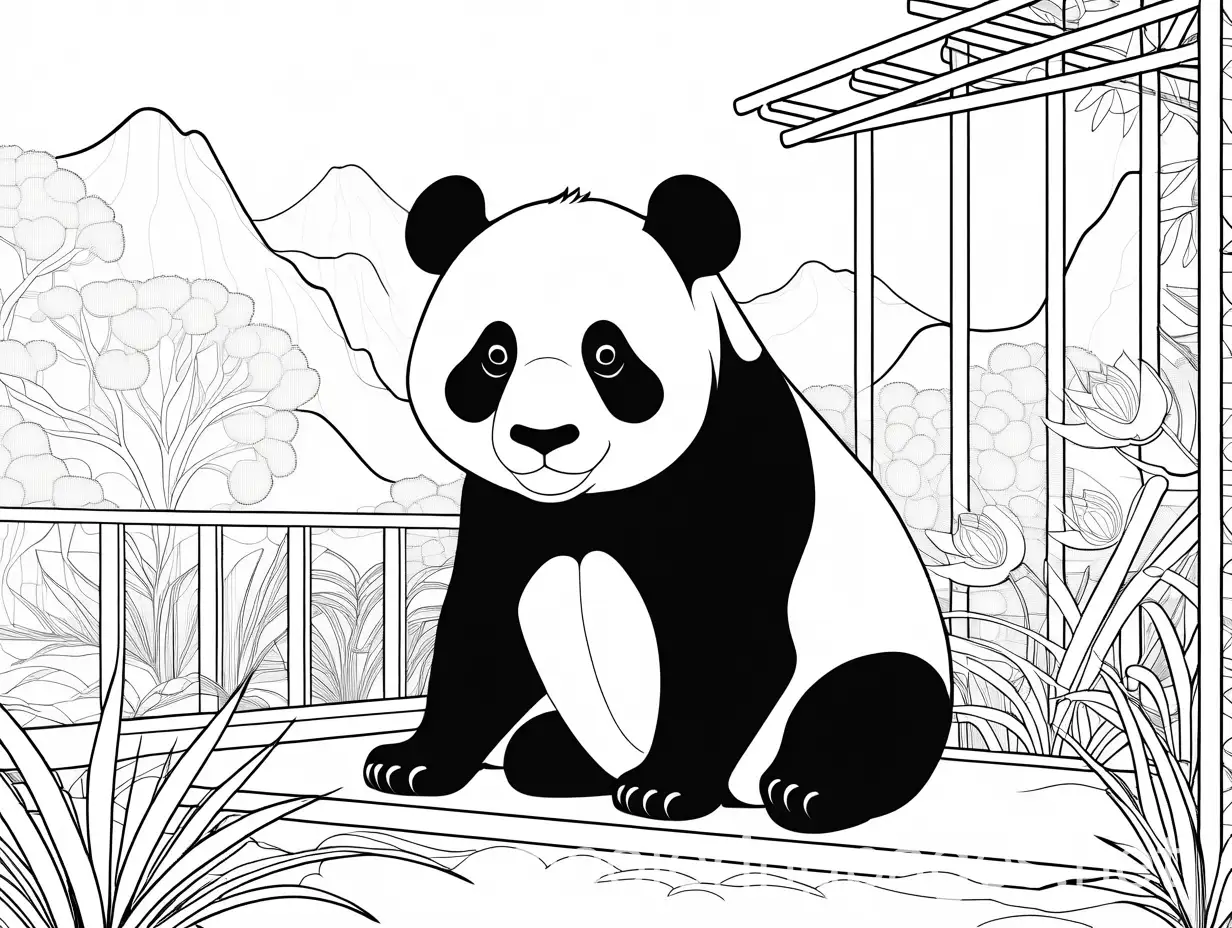 a panda in the zoo, Coloring Page, black and white, line art, white background, Simplicity, Ample White Space. The background of the coloring page is plain white to make it easy for young children to color within the lines. The outlines of all the subjects are easy to distinguish, making it simple for kids to color without too much difficulty