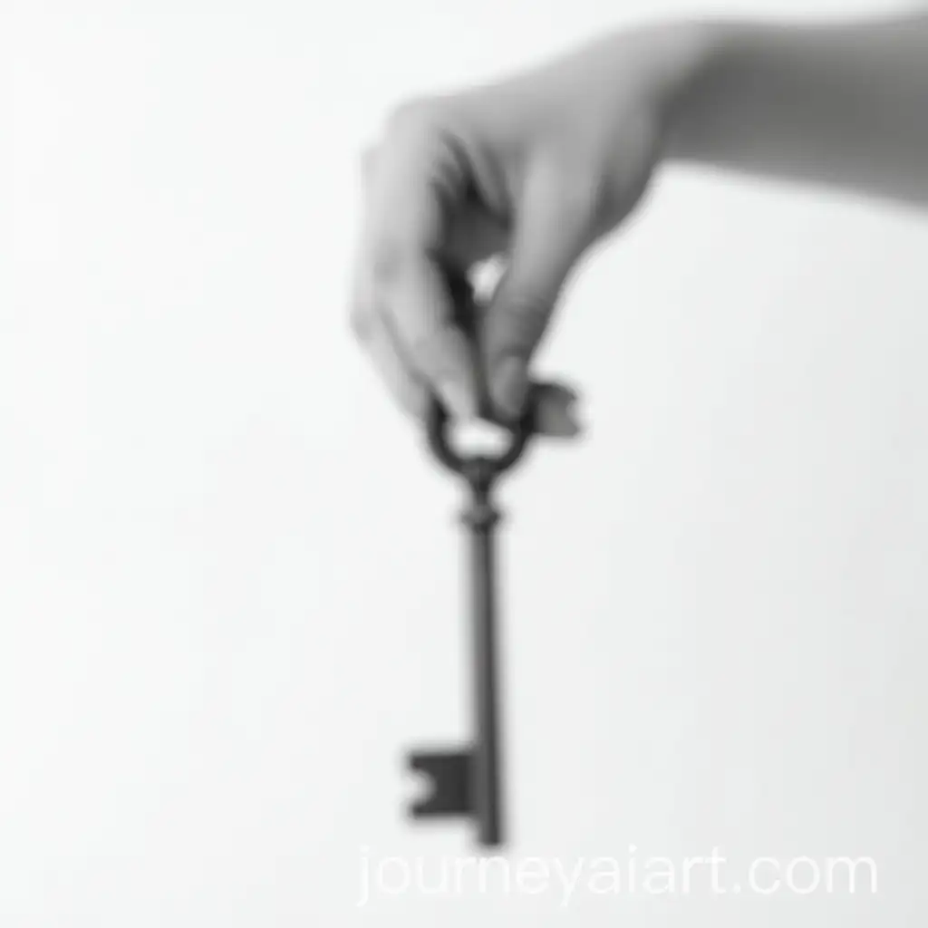 Woman-Holding-an-Old-Wooden-Key-with-a-Black-and-WhiteAI-Image-Prompt-Expansion-Hand-in-a-Minimalist-Setting