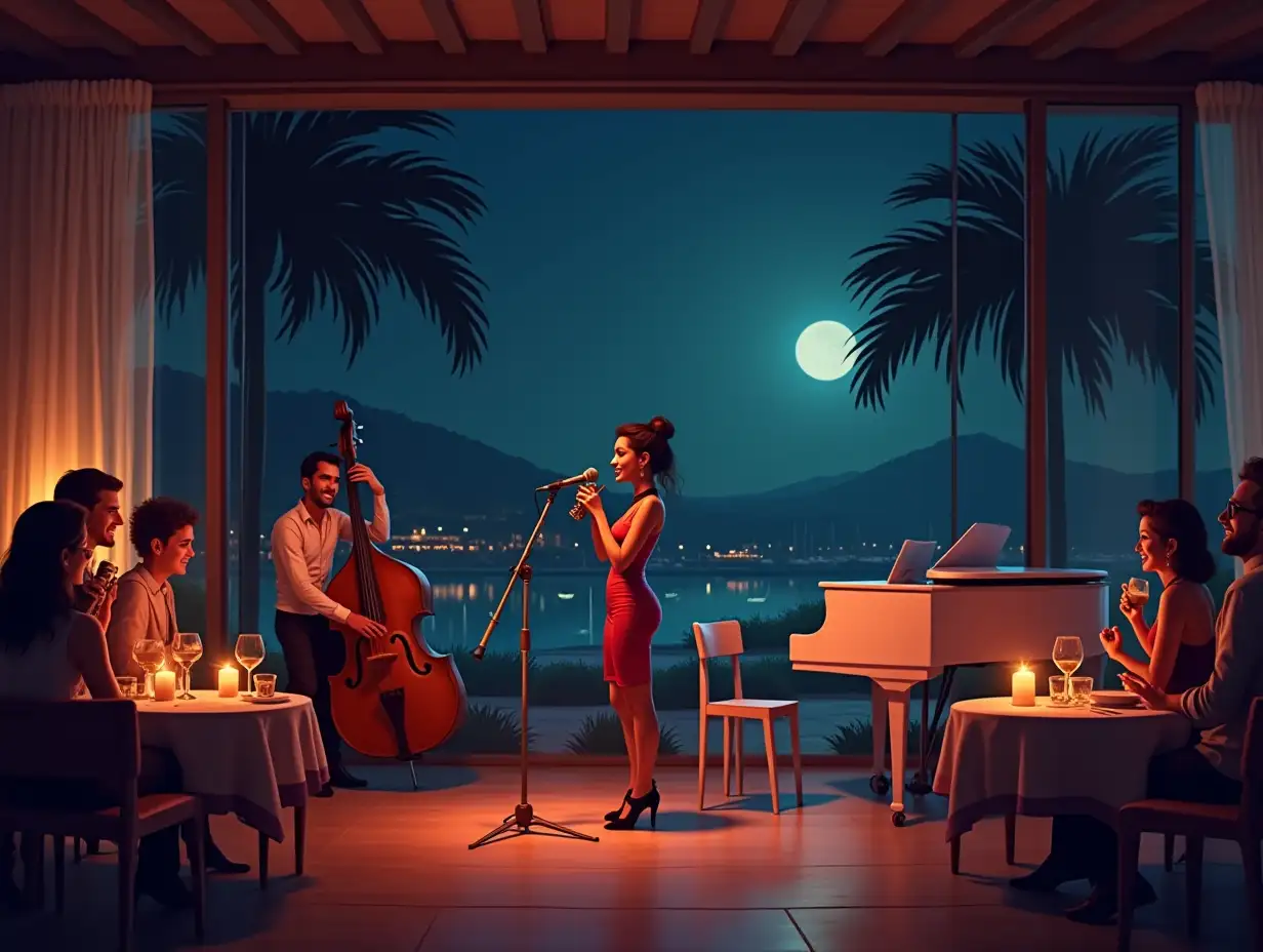 A cozy, stylish jazz bar inside a luxury hotel in Vilamoura, Algarve, during a region-wide blackout. A cool female jazz singer stands on a small stage with a vintage microphone, performing a song for a small, relaxed audience seated at candle-lit tables. The bar glows softly with warm candlelight and a few decorative lanterns. The band includes a double bass, saxophone, and a sleek white grand piano. Outside the large glass windows, palm trees sway gently in the darkness, with the faint moonlight reflecting off a nearby swimming pool and distant marina. The vibe is elegant yet playful, with guests smiling, sipping cocktails, and enjoying the irony of a blackout in a high-end resort. Format: 16:9, warm Mediterranean tones, slightly stylized or illustrated animation style, subtle touch of humor.