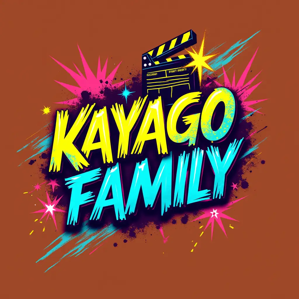 A vibrant and energetic logo for 'KAYAGO FAMILY', a group of young creatives passionate about cinema and producing short films. The design should have a youthful, modern, and dynamic feel, while staying true to the cinematic world. Use bright, contrasting colors (such as neon yellow, electric blue, or vivid red) to grab attention. Incorporate dynamic and recognizable cinema elements like a stylized film clapboard, projector, film strips, or bursts of light that evoke action and energy. The name 'KAYAGO FAMILY' should be in bold, almost futuristic typography with unique curves or angles to convey movement. The design could include a sense of 'motion' or blur to give the impression of a scene in action, like a film in motion. The logo should be dynamic, slightly deconstructed, yet still legible and clean. The goal is to create a young, vibrant, and striking logo that reflects the creative energy and innovative spirit of the group.