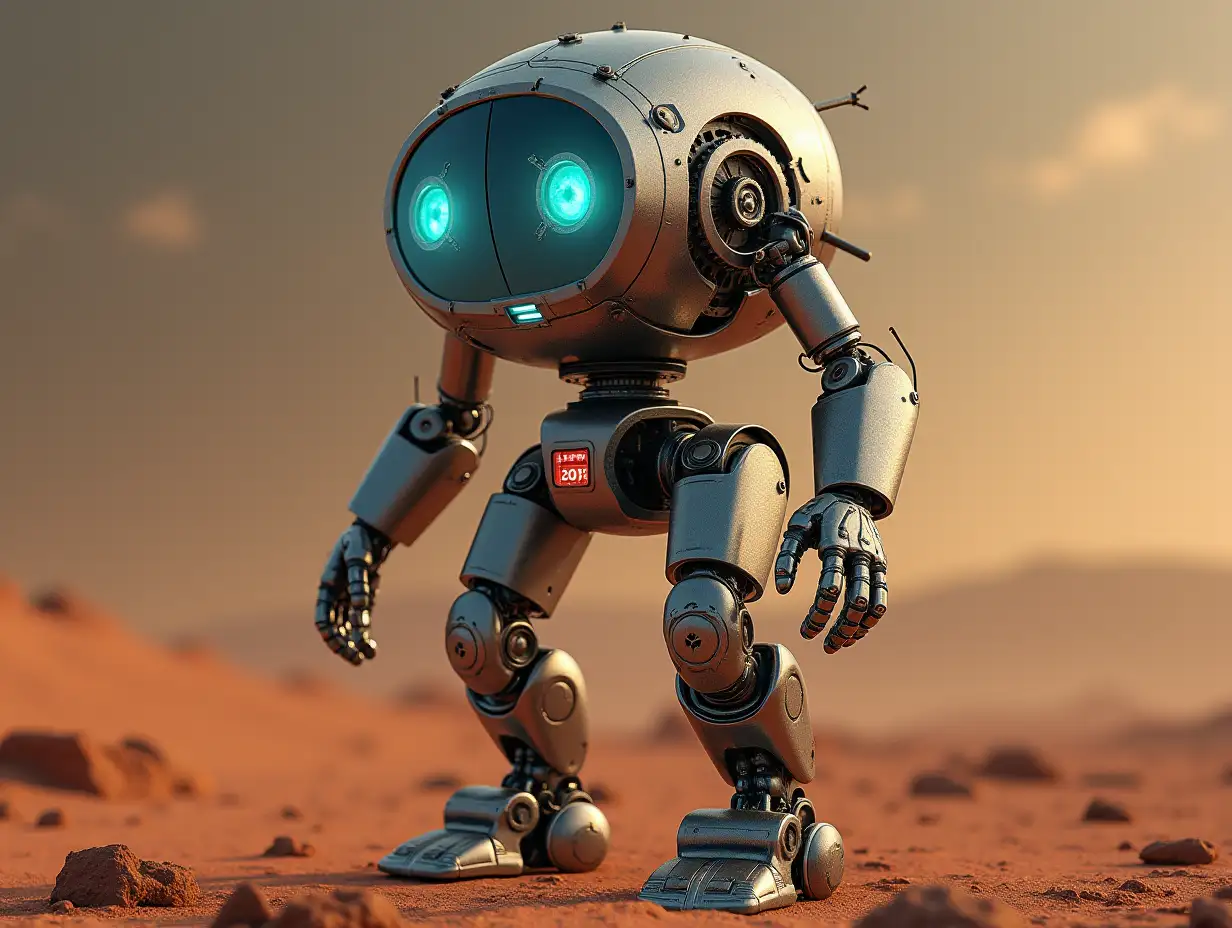 Create a high-resolution, realistic image of the artificial intelligence giant Robert with upper body legs and feet made of metal and glass head on Mars with gears, optical fibers, LED lights 4k resolution with