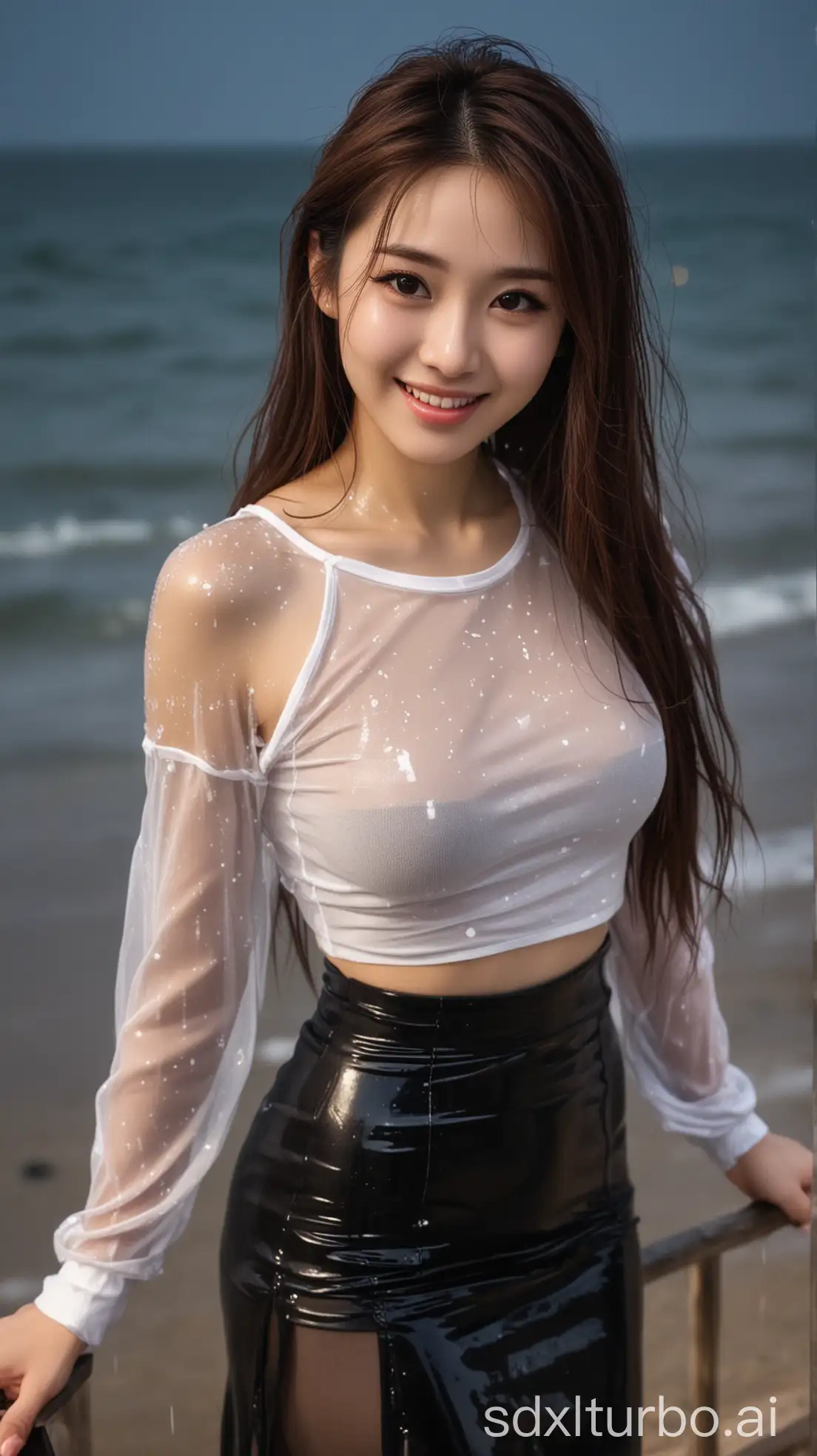 Chinese-Woman-in-Wet-Winter-Beach-Scene-with-Overhead-Angle