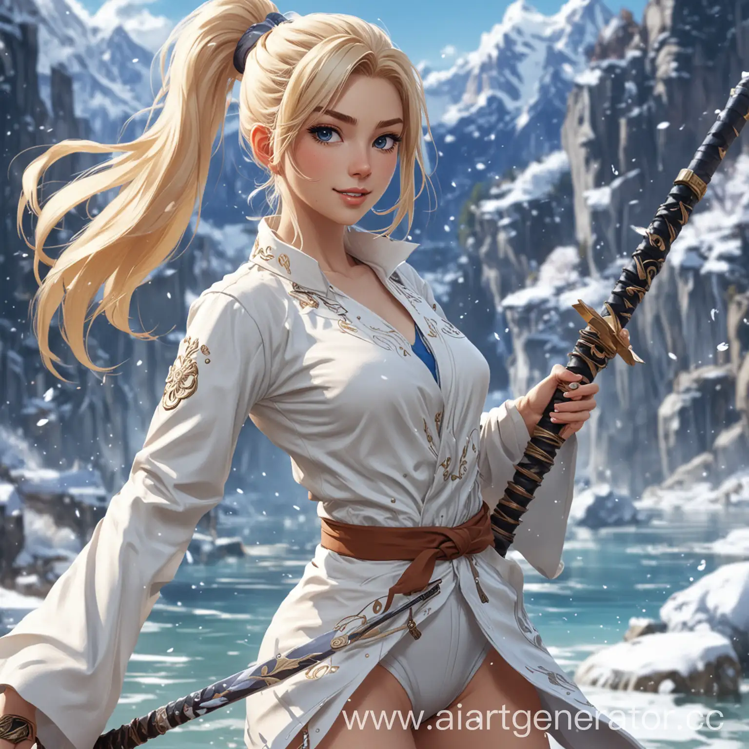 A character from the game genshin impact. A rich girl in a light pantsuit,  she with two katanas, her hair is gathered in a high ponytail, blonde, blue eyes. She manages the poems of her water and she is insanely rich. She always wears a jacket and tie, has a smile on her face, and her skin is white as snow
