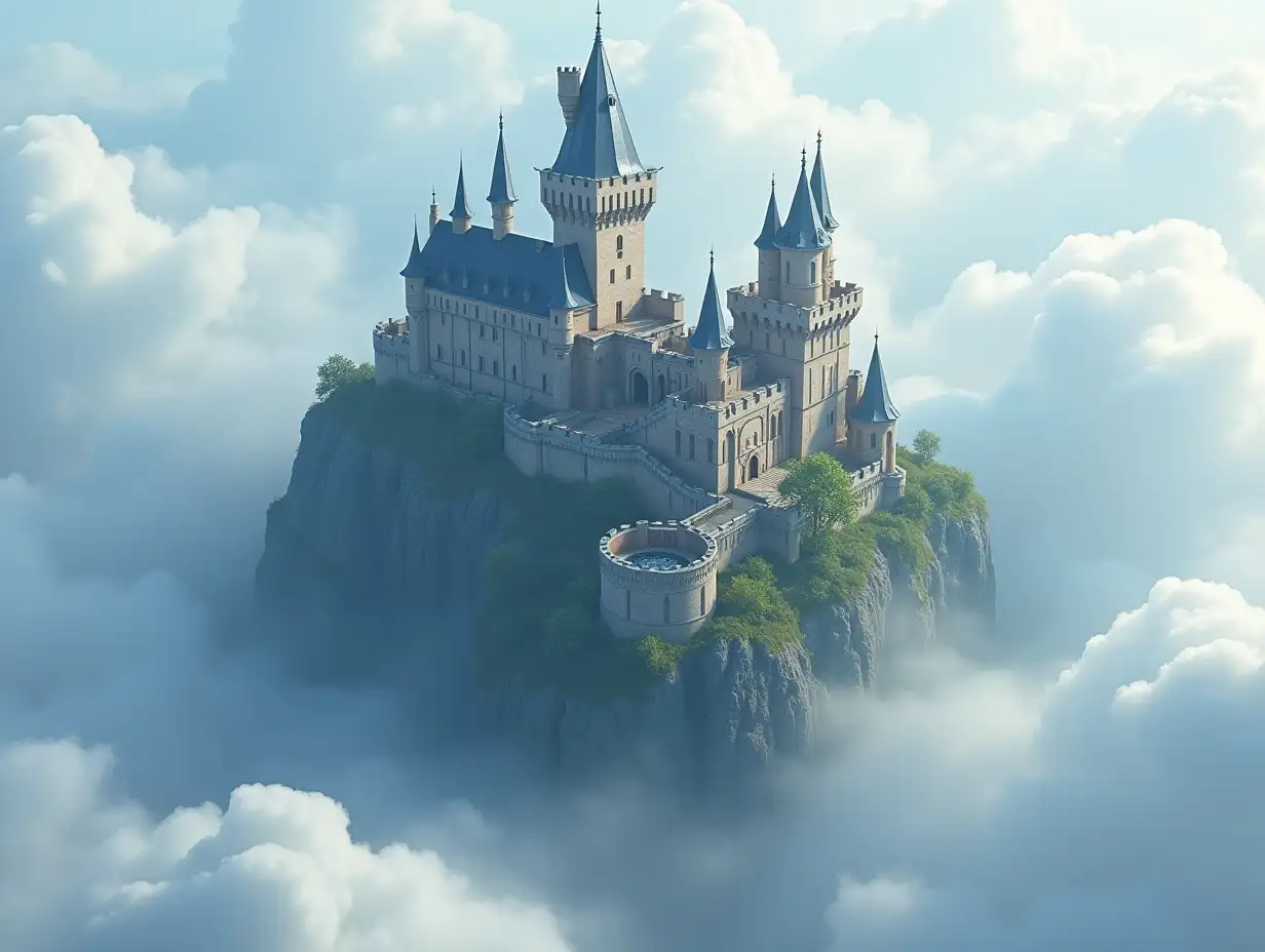 a very detailed castle in the midst of clouds and fog, isometric fantasy art