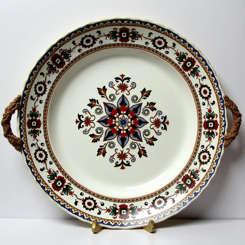 divided ceramic tray plate with embossed beautiful ceramic handle,Underglaze painting on white body,r Fine art, Hyper detailed,Antique and old, Qajar art, Iranian Tabriz carpet design