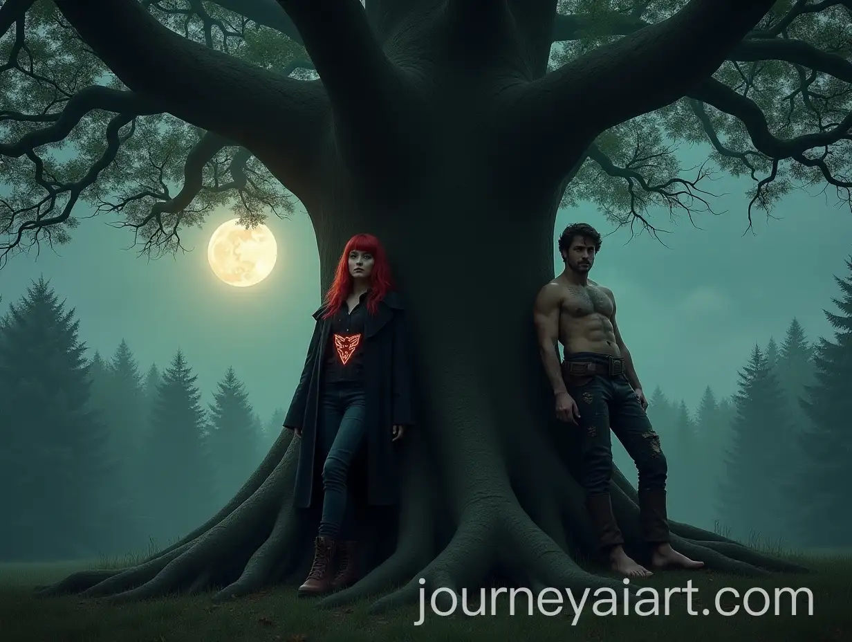 Cyberpunk-Girl-and-Ancient-Warrior-Leaning-Against-Oak-Tree-Under-Full-Moon-in-Dense-Forest