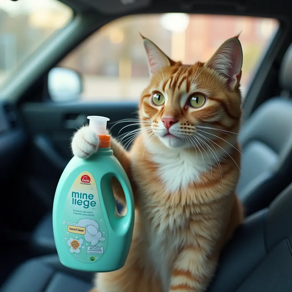 A cat in a car holding a bottle of laundry detergent that reads, 'mine liege'