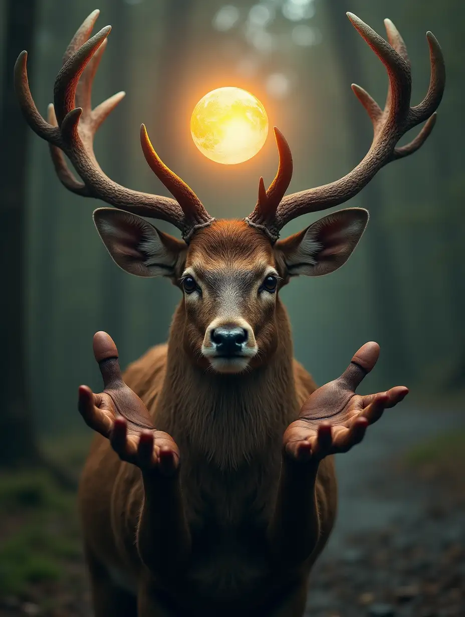 an old male deer with NO antlers but two mechanic open claws on his head. a glowing sphere floating above the hands 