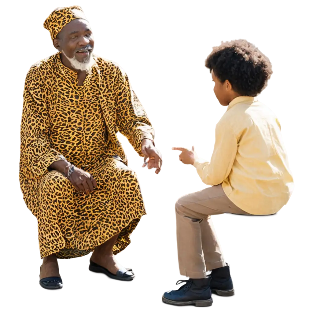 old man - dressed in african attire teaching grand children life lesson