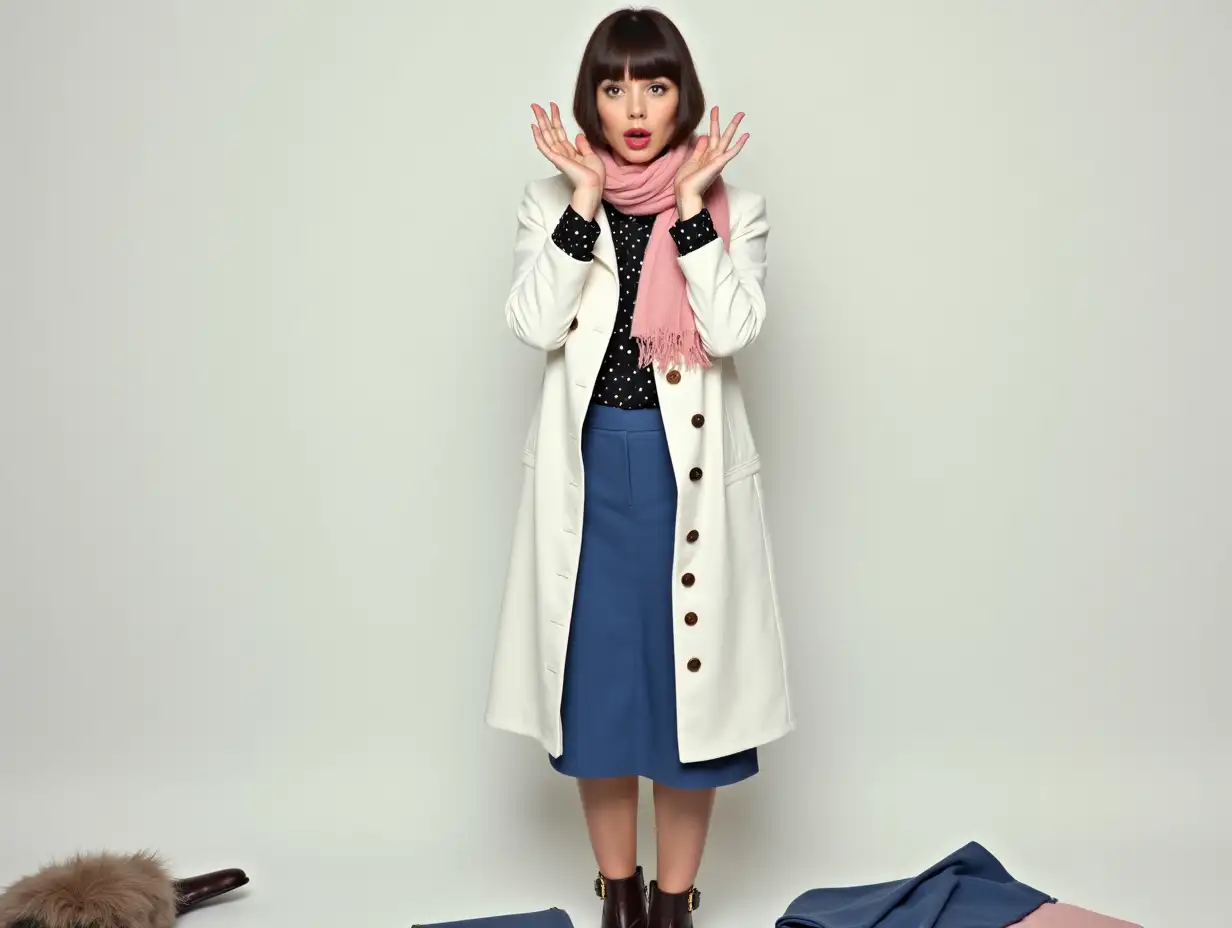 Adult woman with straight short hair and rosy lips looks at the camera, raising her hands to her face in surprise. Full length portrait. She's wearing a long white jacket, slightly fitted, with rose gold button details. Underneath, a black blouse with small white polka dots, long sleeves ending in cufflinks can be seen. The woman is wearing a blue skirt at knee level. On her feet are short boots with rounded toes on a low narrow heel. In her hands, she holds a clutch matching the skirt color, and around her neck, a pink scarf. Clothes are scattered on the floor. Photo-realism, light tones