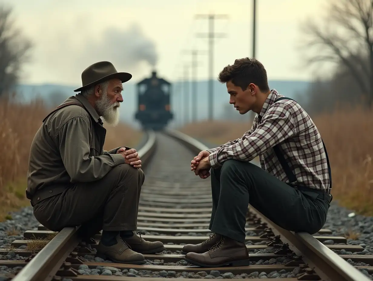 A 1930s American young man sitting on a railroad track, his posture reflective, as an elderly beggar approaches him. The beggar, dressed in ragged, patched clothes, carries a makeshift sack over his shoulder and wears mismatched, worn-out shoes. The young man is dressed in Depression-era attire: a plaid shirt, suspenders, and dusty boots. The setting is rural, with tall weeds growing beside the tracks and the distant silhouette of a steam train. The atmosphere is somber, lit by the soft glow of an overcast sky. Photorealistic, cinematic framing.